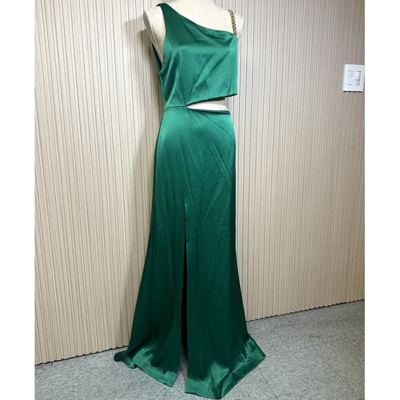 Alice + Olivia Karoline Chain Shoulder Cutout Gown In Emerald Size 10 - Picture 5 of 11